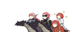 Rule 34 | 1boy, 3girls, armor, axe, black hair, blush, cape, cherche (fire emblem), dragon, fire emblem, fire emblem: mystery of the emblem, fire emblem awakening, gerome (fire emblem), gloves, hairband, headband, ippers, long hair, maria (fire emblem), mask, minerva (fire emblem), mother and son, multiple girls, name connection, nintendo, open mouth, red armor, red eyes, red hair, short hair, siblings, sisters, smile, weapon, wyvern
