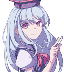 Rule 34 | 1girl, absurdres, ascot, blue dress, blue hair, blue hat, breasts, chalk, closed mouth, dress, eyebrows hidden by hair, from side, hair between eyes, hand up, hat, highres, holding, holding chalk, index finger raised, kame (kamepan44231), kamishirasawa keine, light blue hair, long hair, looking at viewer, looking to the side, one-hour drawing challenge, pink eyes, puffy short sleeves, puffy sleeves, red ascot, shirt, short sleeves, simple background, small breasts, smile, solo, swept bangs, touhou, upper body, white background, white shirt