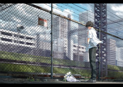 Rule 34 | 1boy, back, blouse, bouquet, commentary request, day, fence, flower, highres, kurono kuro, legs together, letterboxed, male focus, nature, original, outdoors, own hands together, plant, shirt, sky, solo, vocaloid, white shirt