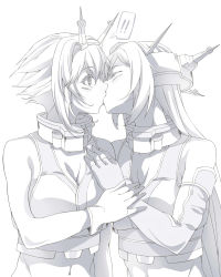 Rule 34 | !, !!, 10s, 2girls, bare shoulders, blush, breasts, choker, cleavage, collarbone, elbow gloves, closed eyes, gloves, greyscale, hair between eyes, hand on another&#039;s arm, headgear, highres, kantai collection, kiss, long hair, midriff, monochrome, multiple girls, mutsu (kancolle), nagato (kancolle), navel, short hair, simple background, sleeveless, spoken exclamation mark, upper body, white background, yoxtut, yuri