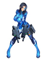 Rule 34 | 1girl, asagiri, blue hair, bodysuit, breasts, covered erect nipples, curvy, eo orion, female focus, full body, highres, holding, holding weapon, huge breasts, lilith-soft, long hair, looking at viewer, scouter, shiny clothes, shiny skin, simple background, smile, solo, taimanin (series), taimanin asagi, taimanin rpgx, thighhighs, thighs, weapon, white background, wide hips