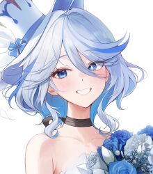 Rule 34 | 1girl, absurdres, ahoge, bare shoulders, black choker, blue flower, blue hair, blue rose, choker, commentary request, flower, furina (genshin impact), genshin impact, grin, hat, highres, looking at viewer, multicolored hair, portrait, rose, smile, solo, strapless, streaked hair, top hat, white background, white hair, white hat, yuna (deadawon)