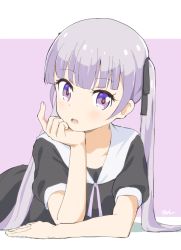 Rule 34 | 1girl, aayh, black ribbon, black shirt, collarbone, hair ribbon, long hair, looking at viewer, new game!, open mouth, pink background, puffy short sleeves, puffy sleeves, purple eyes, purple hair, ribbon, sailor collar, shirt, short sleeves, signature, solo, suzukaze aoba, twintails, two-tone background, upper body, white background, white sailor collar