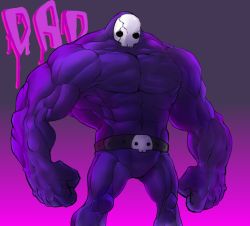 Rule 34 | 1boy, absurdres, belt, character name, clenched hands, dad &#039;n me, dad (dad &#039;n me), feet out of frame, gradient background, highres, kathastrophe, male focus, mask, muscular, muscular male, purple background, purple theme, skull mask, solo