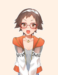 Rule 34 | 1girl, absurdres, belt, blue belt, blush, bow, breasts, brown background, brown eyes, brown hair, cleavage, collarbone, cowboy shot, dot nose, english text, glasses, grey tank top, hair bow, highres, hood, hood down, hooded jacket, idolmaster, idolmaster cinderella girls, jacket, jewelry, kitagawa mahiro, long sleeves, looking at viewer, multicolored clothes, multicolored jacket, necklace, official alternate costume, open clothes, open jacket, open mouth, red-framed eyewear, see-through, see-through sleeves, short bangs, short hair, simple background, small breasts, smile, solo, standing, straight hair, tank top, tongue, tutimaru0730, v-neck, white bow
