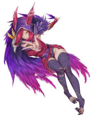 Rule 34 | 1girl, armpits, bandages, bandaged leg, breasts, dress, feather trim, full body, highres, hood, kumiko shiba, league of legends, looking at viewer, outstretched arm, pink hair, red dress, solo, talons, thigh gap, white background, xayah, yellow eyes