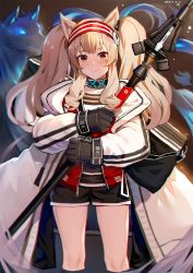 Rule 34 | 1girl, angelina (arknights), animal ears, arknights, bag, black gloves, brown hair, collar, eyebrows hidden by hair, fox ears, fox girl, gloves, hairband, highres, holding, holding bag, jacket, long hair, looking at viewer, red eyes, shorts, smile, solo, staff, twintails, wangqi