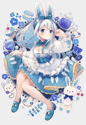 Rule 34 | 1girl, animal ears, blue bow, blue eyes, blue flower, blue footwear, blue hair, blue hairband, blue skirt, bow, bow hairband, bow skirt, breasts, cherry, cleavage, colored inner hair, commentary, cookie, corset, crossed bangs, cupcake, detached collar, dress, fishnet thighhighs, fishnets, flower, food, footwear bow, frilled sleeves, frills, fruit, full body, hairband, hand up, highres, knees together feet apart, lace, lace-trimmed collar, lace-trimmed dress, lace trim, leaf, long hair, looking at viewer, macaron, multicolored hair, original, rabbit ears, rabbit ornament, shoes, simple background, skirt, skirt hold, smile, solo, streaked hair, stuffed animal, stuffed rabbit, stuffed toy, tabi 0v0, teapot, thighhighs, two-tone hair, white background, white bow, white dress, white hair, white thighhighs