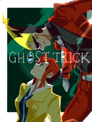 Rule 34 | 1boy, 1girl, black shirt, blonde hair, collared shirt, copyright name, formal, ghost trick, highres, jacket, long hair, looking at another, lynne (ghost trick), necktie, open mouth, pants, pointy hair, ponytail, red hair, red jacket, red pants, shirt, sissel (ghost trick), smile, suit, sunglasses, white necktie, yuzu tea igi