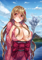 Rule 34 | 1girl, 3:, blush, bow, breasts, brown eyes, brown hair, cleavage, cloud, covered erect nipples, day, floral print, flower, hair between eyes, hair flower, hair ornament, hisasi, huge breasts, japanese clothes, long hair, nervous, no bra, obi, ocean, open clothes, original, outdoors, sash, smoke, solo, sweat, sword, very long hair, volcano, water, weapon