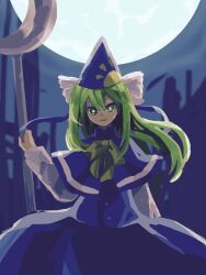 Rule 34 | 1girl, blue capelet, blue headwear, blue skirt, blue vest, bright pupils, capelet, commentary request, flat chest, green eyes, green hair, green pupils, holding, holding scepter, kaigen 1025, long hair, long sleeves, looking at viewer, mima (touhou), neck ribbon, open mouth, pointy hat, ribbon, scepter, shirt, skirt, smile, solo, touhou, touhou (pc-98), vest, white shirt, yellow ribbon
