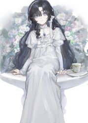 Rule 34 | 1girl, aged down, black hair, bush, closed mouth, cup, curly hair, dress, feet out of frame, flower, hairband, highres, isolde (reverse:1999), juliet sleeves, kuukip, long hair, long sleeves, looking at viewer, on table, pink flower, plate, puffy sleeves, purple eyes, reverse:1999, round table, sitting, smile, solo, table, teacup, very long hair, white background, white dress, white flower, white hairband