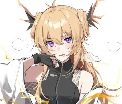 Rule 34 | 1girl, arknights, armpit crease, bare shoulders, blonde hair, blush, fingerless gloves, gloves, hand on own face, highres, horns, joshua (shisanli934), leizi (arknights), long hair, off shoulder, parted lips, pointy ears, purple eyes, sleeveless, solo, steam