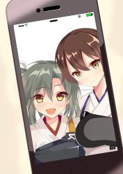 Rule 34 | 10s, 2girls, absurdres, brown hair, cellphone, female focus, green hair, grey hair, highres, japanese clothes, kaga (kancolle), kantai collection, looking at viewer, md5 mismatch, multiple girls, muneate, open mouth, phone, selfie, short hair, smartphone, smile, source request, twintails, upper body, verdy, yellow eyes, zuikaku (kancolle)