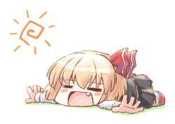 Rule 34 | 1girl, aokukou, black skirt, blonde hair, closed eyes, commentary, fang, hair ribbon, long sleeves, lying, on stomach, open mouth, outstretched arms, red ribbon, ribbon, rumia, short hair, skirt, skirt set, solo, spread arms, sun, touhou