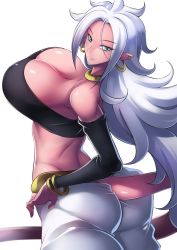 Rule 34 | 1girl, android 21, ass, blue eyes, breasts, cleavage, colored skin, curvy, dragon ball, dragon ball fighterz, female focus, haganef, highres, huge breasts, long hair, looking at viewer, looking back, majin android 21, monster girl, pink skin, pointy ears, shiny skin, simple background, smile, tail, thighs, white background