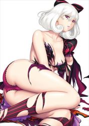 Rule 34 | 1girl, ass, bare shoulders, breasts, detached collar, earrings, eiwa, hair ornament, hair ribbon, jewelry, juliet sleeves, large breasts, long sleeves, looking at viewer, panties, puffy sleeves, purple eyes, queen&#039;s blade, queen&#039;s blade grimoire, ribbon, shirt, simple background, snow white, snow white (queen&#039;s blade), solo, torn clothes, torn panties, torn shirt, underwear, white hair