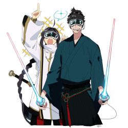 Rule 34 | !, 1boy, 1other, ?, ahoge, androgynous, black hakama, black pants, blue kimono, bracelet, braid, braided ponytail, energy sword, excited, fate/grand order, fate/samurai remnant, fate (series), hair intakes, hakama, hand on another&#039;s shoulder, head-mounted display, japanese clothes, jewelry, kimono, long hair, miyamoto iori (fate), multicolored pants, necklace, pants, pirohi (pirohi214), pointing, red pants, sidelocks, simple background, single braid, sparkle, sweat, sword, tomoe gozen (fate), tomoe gozen (swimsuit saber) (fate), topknot, virtual reality, weapon, weapon on back, yamato takeru (fate)