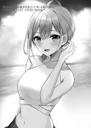Rule 34 | 1girl, ahoge, armpit crease, artist name, bare shoulders, beach, blush, breasts, collarbone, commentary request, copyright name, copyright notice, danjo no yuujou wa seiritsu suru?, greyscale, hair between eyes, hand up, head tilt, highres, large breasts, looking at viewer, midriff, monochrome, navel, novel illustration, ocean, official art, open mouth, parum39, second-party source, short hair, sky, smile, solo, upper body, water
