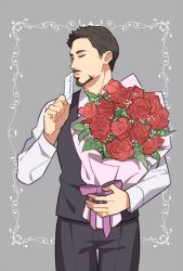 Rule 34 | 1boy, bouquet, bow, brown hair, closed eyes, closed mouth, collared shirt, facial hair, flower, formal, grey background, grey pants, grey vest, hand up, holding, holding bouquet, leaf, long sleeves, male focus, marvel, marvel cinematic universe, pants, purple bow, red flower, red rose, rose, shirt, short hair, simple background, solo, standing, suit, tony stark, vest, white shirt, yukko93