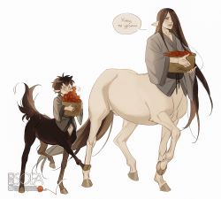 Rule 34 | 2boys, apple, artist name, basket, black eyes, brown fur, brown hair, centaur, child, closed eyes, closed mouth, cutesofa2, food, fruit, full body, hair over one eye, hands up, highres, holding, holding basket, hooves, horse tail, long hair, long sleeves, looking at another, male focus, monster boy, multiple boys, original, pointy ears, russian text, short hair, simple background, smile, speech bubble, tail, tail raised, taur, translation request, very long hair, walking, watermark, white background, wide sleeves