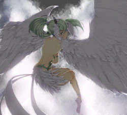 Rule 34 | 1girl, amami amayu, bad id, bad pixiv id, breasts, green hair, harpy, long hair, monster collection, monster girl, ponytail, sideboob, sky, solo, winged arms, wings