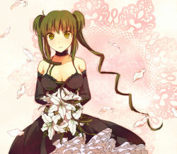 Rule 34 | 00mint, 1girl, bad id, bad pixiv id, bare shoulders, black dress, black gloves, bouquet, breasts, choker, cleavage, dress, elbow gloves, flower, frilled dress, frills, gloves, green eyes, green hair, lilies, long hair, looking at viewer, matching hair/eyes, original, petals, solo, twintails, very long hair