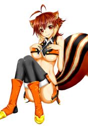 Rule 34 | 1girl, absurdres, animal ears, bare shoulders, blazblue, blush, boots, breast hold, breasts, brown hair, chukachuka, cleavage, closed mouth, crop top, highres, large breasts, looking at viewer, makoto nanaya, midriff, multicolored hair, orange footwear, orange skirt, revealing clothes, short hair, side slit, skirt, smile, solo, squirrel ears, squirrel tail, tail, thighhighs, two-tone hair, underboob, white background