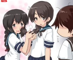 Rule 34 | 10s, 3girls, ?, arms at sides, braid, braid wagging, brown eyes, brown hair, dated, dd (ijigendd), eyebrows, hair between eyes, isonami (kancolle), kantai collection, leaning forward, looking at another, looking at viewer, multiple girls, open mouth, sailor collar, school uniform, shikinami (kancolle), short sleeves, single braid, skirt, skirt set, spoken question mark, twintails, upper body, uranami (kancolle)