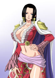 Rule 34 | 1girl, black hair, blue eyes, boa hancock, breasts, cleavage, coat, covered erect nipples, earrings, female focus, gradient background, hand on own hip, hand on leg, highres, hip focus, jewelry, large breasts, midriff, navel, nel-zel formula, nipples, one piece, solo, standing
