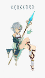 Rule 34 | 1girl, breasts, character name, closed mouth, detached sleeves, diamond (shape), dress, elf, flower, green sleeves, grey background, grey hair, hair flower, hair ornament, highres, holding, holding staff, invisible chair, kokkoro (princess connect!), leg up, legs, looking at viewer, pink flower, pointy ears, princess connect!, red eyes, sandals, short hair, sitting, sleeveless, sleeveless dress, small breasts, solo, staff, tss-mire, white dress, white flower