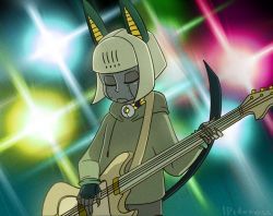 Rule 34 | 1990s (style), 1girl, bad link, closed mouth, electric guitar, closed eyes, firemauer, guitar, holding, instrument, retro artstyle, robo-fortune, short hair, simple background, skullgirls, solo, standing, upper body