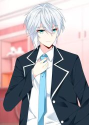 Rule 34 | 1boy, black jacket, blue eyes, closed mouth, hand up, i eat soft rice in another world, jacket, long hair, school, school uniform, serious, shirt, solo, white hair, white shirt, zhang hao