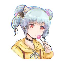 Rule 34 | 1girl, :o, black choker, blue hair, blush, candy, chest harness, choker, collarbone, cropped torso, double bun, food, grey background, hair bun, harness, holding, holding candy, holding food, holding lollipop, hood, hood down, hooded jacket, hyodou shizuku, idoly pride, jacket, lollipop, long bangs, looking at viewer, open mouth, raised eyebrows, red eyes, sakaki ip, short twintails, sidelocks, simple background, solo, twintails, yellow jacket