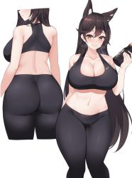Rule 34 | 1girl, animal ear fluff, animal ears, ass, atago (azur lane), azur lane, bare shoulders, black hair, black pants, black sports bra, blush, bottle, breasts, cleavage, closed mouth, commentary, cropped legs, eyelashes, from behind, groin, hair between eyes, hand up, heavy breathing, holding, holding bottle, kuavera, large breasts, long hair, looking at viewer, mole, mole under eye, multiple views, navel, pants, parted lips, profile, smile, sports bra, standing, sweat, thick thighs, thighs, water bottle, wolf ears, yellow eyes, yoga pants