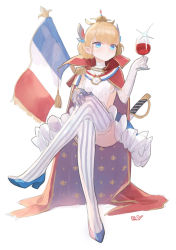 Rule 34 | 1girl, asymmetrical gloves, azur lane, blonde hair, blue eyes, blue footwear, cape, closed mouth, crossed legs, cup, drinking glass, elbow gloves, flag, french flag, glass, glint, gloves, hair ornament, high heels, highres, holding, holding cup, invisible chair, le triomphant (azur lane), looking at viewer, mismatched gloves, pumpkinspicelatte, purple cape, red cape, signature, simple background, sitting, smile, solo, striped clothes, striped thighhighs, thighhighs, two-sided cape, two-sided fabric, vertical-striped clothes, vertical-striped thighhighs, white background, white gloves, wine glass