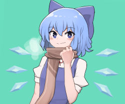 Rule 34 | 1girl, blue bow, blue dress, blue eyes, blue hair, blush, bow, breath, cirno, closed mouth, commentary, crystal wings, dress, green background, hair bow, highres, light smile, long scarf, looking at viewer, mata (matasoup), red ribbon, ribbon, scarf, shirt, short hair, short sleeves, simple background, solo, touhou, upper body, white shirt