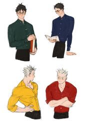 Rule 34 | 2boys, akaashi keiji, black eyes, black hair, black pants, blue shirt, bokuto koutarou, book, chengongzi123, closed mouth, collared shirt, cropped legs, crossed arms, glasses, green shirt, grey hair, haikyuu!!, hand on own hip, hand up, highres, holding, holding book, long sleeves, looking at object, looking at viewer, looking down, looking to the side, male focus, multicolored hair, multiple boys, multiple views, pants, reading, red shirt, shirt, short hair, simple background, streaked hair, thick eyebrows, very short hair, white background, yellow eyes, yellow shirt