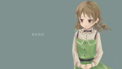 Rule 34 | 1girl, :o, blouse, character name, dress, frilled shirt, frills, green background, green dress, highres, idolmaster, idolmaster cinderella girls, ishita teru, looking down, medium hair, morikubo nono, open mouth, own hands clasped, own hands together, pinafore dress, ribbon, ringlets, shirt, simple background, sleeveless dress, solo