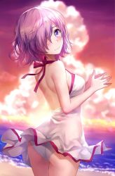 Rule 34 | 1girl, ass, back, bare back, bare shoulders, beach, bikini, blurry, blurry background, blush, casual one-piece swimsuit, closed mouth, cloud, cowboy shot, depth of field, dusk, fate/grand order, fate (series), fingers together, from side, frown, hair over one eye, halterneck, highres, looking at viewer, looking back, mash kyrielight, mash kyrielight (swimsuit of perpetual summer), official alternate costume, one-piece swimsuit, outdoors, own hands together, pink hair, purple eyes, sand, short hair, skirt, solo, swimsuit, thighs, tonee, white bikini