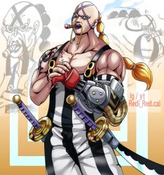 Rule 34 | 1boy, abs, alternate form, bald, bodysuit, cigar, cyborg, facial hair, glasses, gloves, katana, male focus, mature male, muscular, muscular arms, muscular male, mustache, one piece, pectorals, queen (one piece), scar, suspenders, sword, tattoo, weapon