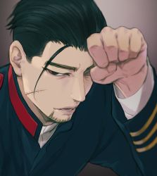 Rule 34 | 1boy, black eyes, black hair, close-up, closed mouth, elbow rest, facial hair, facial scar, goatee, golden kamuy, hair slicked back, hair strand, isa (peien516), long sleeves, looking at viewer, male focus, military, military uniform, ogata hyakunosuke, scar, scar on cheek, scar on face, shirt, short hair, simple background, solo, uniform, upper body