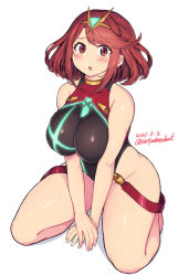 Rule 34 | 1girl, alternate costume, breasts, chest jewel, competition swimsuit, gem, hair ornament, headpiece, jewelry, large breasts, nintendo, one-piece swimsuit, pyra (pro swimmer) (xenoblade), pyra (xenoblade), red eyes, red hair, saltydanshark, short hair, solo, swept bangs, swimsuit, tiara, xenoblade chronicles (series), xenoblade chronicles 2