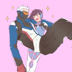 Rule 34 | 1boy, 1girl, :d, animal print, armor, bad id, bad twitter id, blush, bodysuit, breasts, brown eyes, brown hair, carrying, covered mouth, cowboy shot, d.va (overwatch), facepaint, facial mark, fang, fatherly, gloves, guguma, headphones, high collar, jacket, long hair, long sleeves, mask, mouth mask, open mouth, overwatch, overwatch 1, pants, pauldrons, pilot suit, pink background, princess carry, rabbit, rabbit print, red gloves, scar, short hair, shoulder armor, shoulder pads, simple background, smile, soldier: 76 (overwatch), sparkle, turtleneck, visor, whisker markings, white gloves, white hair