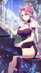Rule 34 | 1girl, arm strap, bare shoulders, black dress, breasts, cleavage, dress, girl cafe gun, grand piano, hair intakes, hair ornament, halter dress, halterneck, highres, instrument, large breasts, long hair, musical note, nola moon (girl cafe gun), official art, petals, piano, purple eyes, purple hair, side slit, sitting, sleeveless, sleeveless dress, smile, solo, statue, stool, thighs, water, waterfall