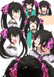 Rule 34 | 1girl, absurdres, animal print, black choker, black hair, choker, clenched teeth, commentary request, crying, expressions, hair ribbon, heart, heart necklace, highres, idolmaster, idolmaster cinderella girls, idolmaster cinderella girls u149, jewelry, leopard print, long hair, matoba risa, multiple views, necklace, off-shoulder shirt, off shoulder, pink ribbon, print ribbon, ribbon, roccamoya, shirt, streaming tears, surprised, tears, teeth, twintails, yellow eyes