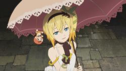 Rule 34 | 1girl, alternate hair length, alternate hairstyle, asymmetrical gloves, blonde hair, blue eyes, closed mouth, collarbone, dress, edna (tales), gloves, hair between eyes, long hair, looking at viewer, namco, normin (tales), off shoulder, official art, ribbon, short dress, signature, single glove, sleeveless, sleeveless dress, smug, solo, sundress, tales of (series), tales of the rays, tales of zestiria, umbrella, white dress