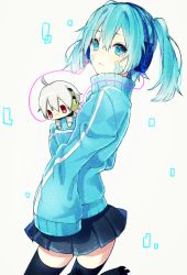 Rule 34 | 1boy, 1girl, blue eyes, blue hair, character doll, ene (kagerou project), hamunezuko (nezukonezu32), headphones, jacket, kagerou project, konoha (kagerou project), long hair, long sleeves, looking at viewer, oversized clothes, red eyes, short hair, skirt, solo focus, thighhighs, track jacket, twintails, white hair, zettai ryouiki