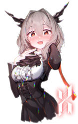 Rule 34 | 1girl, absurdres, arknights, arm up, armband, ascot, beudelb, black ascot, black dress, blush, breasts, cropped torso, dragon girl, dragon horns, dress, grey eyes, grey hair, hair between eyes, hair intakes, hand up, highres, horns, long sleeves, looking at viewer, medium breasts, open mouth, orange ribbon, reunion logo (arknights), ribbon, short hair, simple background, solo, sweat, talulah (arknights), upper body, white background