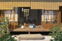 Rule 34 | blue flower, book, commentary request, creatures (company), day, door, electric fan, empoleon, closed eyes, flower, game freak, gen 4 pokemon, highres, hot, hyogonosuke, leaf, lying, nintendo, no humans, on stomach, open mouth, outdoors, piplup, plant, pokemon, pokemon (creature), sitting, tongue